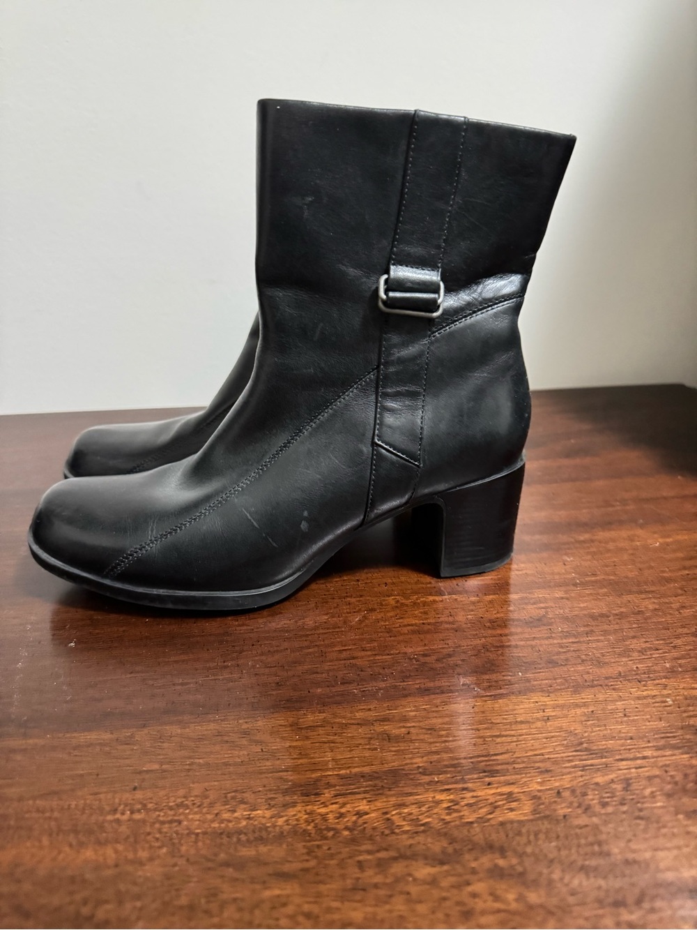 Vintage Clarks Black Leather Block Heel Boots